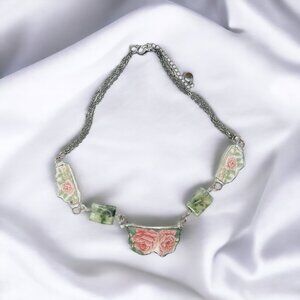Artisan Antique Lynns USA Broken  China Roses Triple Necklace W/ Prehnite Stones